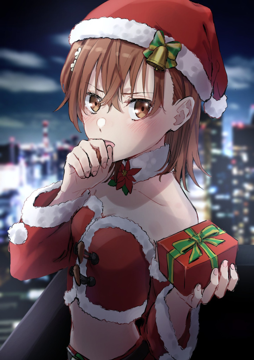 aic_oekaki box brown_eyes brown_hair building city crop_top female flower gift gift_box hair_flower hair_ornament hat highres holding holding_box long_sleeves medium_hair midriff misaka_mikoto navel night night_sky outdoors red_hat red_shirt santa_costume santa_hat shirt sky skyscraper solo toaru_kagaku_no_railgun toaru_majutsu_no_index upper_body