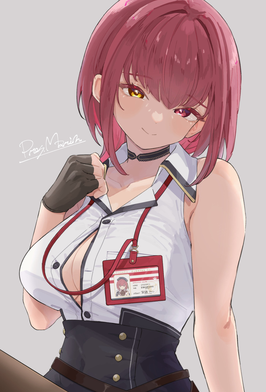 absurdres bare_arms belt black_choker black_gloves breasts brown_belt choker collar collarbone collared_shirt female fingerless_gloves gloves grey_background hand_on_own_chest head_tilt heterochromia high-waist_skirt highres hololive houshou_marine houshou_marine_(businesswoman) id_card lanyard large_breasts light_smile looking_at_viewer miniskirt official_alternate_costume official_alternate_hairstyle pantyhose partially_unbuttoned red_eyes red_hair shirt short_hair simple_background skirt sleeveless sleeveless_shirt solo white_shirt yellow_eyes yuri_yutaka