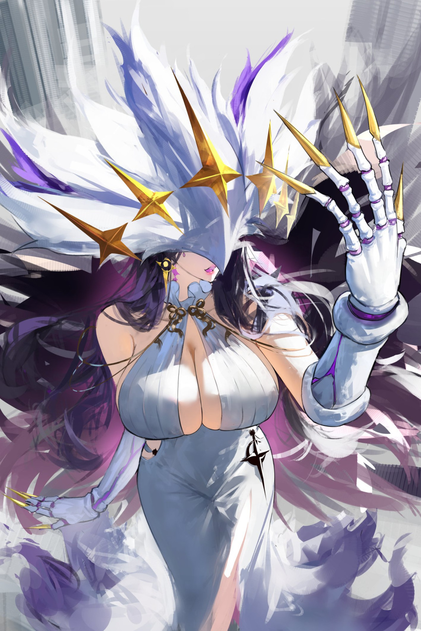 bare_shoulders breasts center_opening claws commentary cowboy_shot dreamless_(wuthering_waves) dress earrings english_commentary female hand_up highres jewelry large_breasts lewdlily66 long_hair open_mouth personification pink_lips purple_hair solo tight_clothes tight_dress very_long_fingernails very_long_hair white_dress wuthering_waves yellow_nails