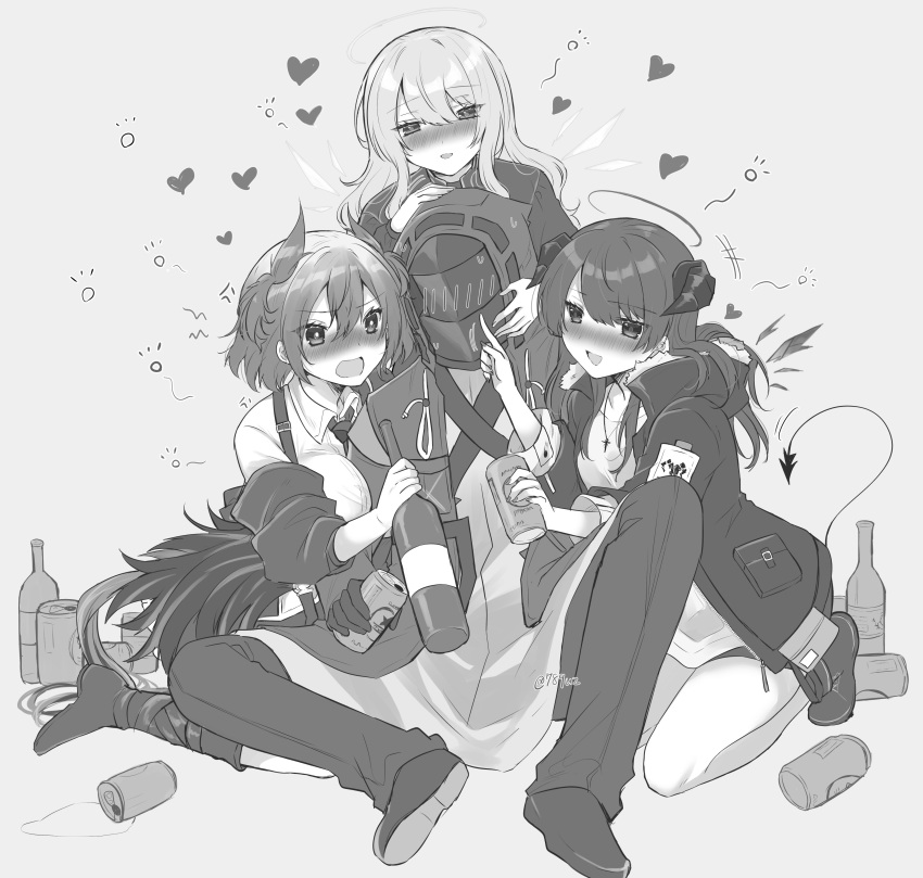 1other 3girls :d absurdres alcohol amesaki_vanilla arknights blush bottle can cheek_poking coat collared_shirt cross cross_necklace doctor_(arknights) drink drink_can drunk embarrassed fiammetta_(arknights) full_body greyscale group_picture hair_between_eyes halo hand_on_another's_head head_hug headpat heart highres holding holding_bottle holding_can holding_drink hood hood_up hooded_coat horns jacket jewelry latin_cross lemuen_(arknights) long_hair long_sleeves looking_at_another monochrome mostima_(arknights) motion_lines multiple_girls necklace nervous_sweating nose_blush open_clothes open_coat open_mouth pants poking ribbon-trimmed_hood ribbon_trim shirt shoe_soles shoes sitting smile spill squeans sweat