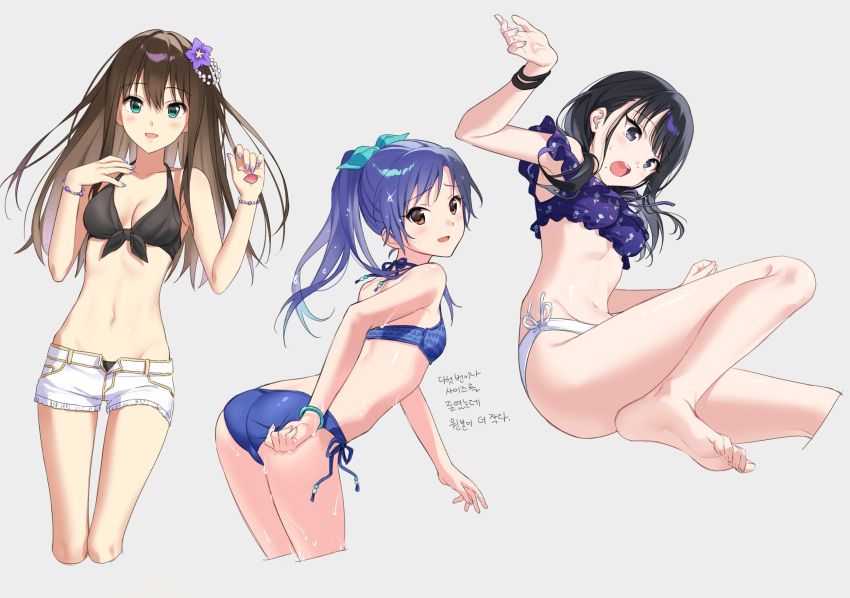 3girls adjusting_clothes adjusting_swimsuit ass bent_over bikini black_eyes black_hair blue_hair blush breasts brown_eyes brown_hair commentary_request cowboy_shot cropped_legs flower from_behind green_eyes grey_background hair_flower hair_ornament hair_ribbon hands_up highres idolmaster idolmaster_(classic) idolmaster_cinderella_girls idolmaster_shiny_colors kazano_hiori kisaragi_chihaya korean_commentary korean_text long_hair looking_at_viewer medium_breasts mole mole_under_mouth multiple_girls navel nonanonnon6u6 open_mouth ponytail ribbon shibuya_rin side-tie_bikini_bottom simple_background small_breasts smile swimsuit teeth upper_teeth_only