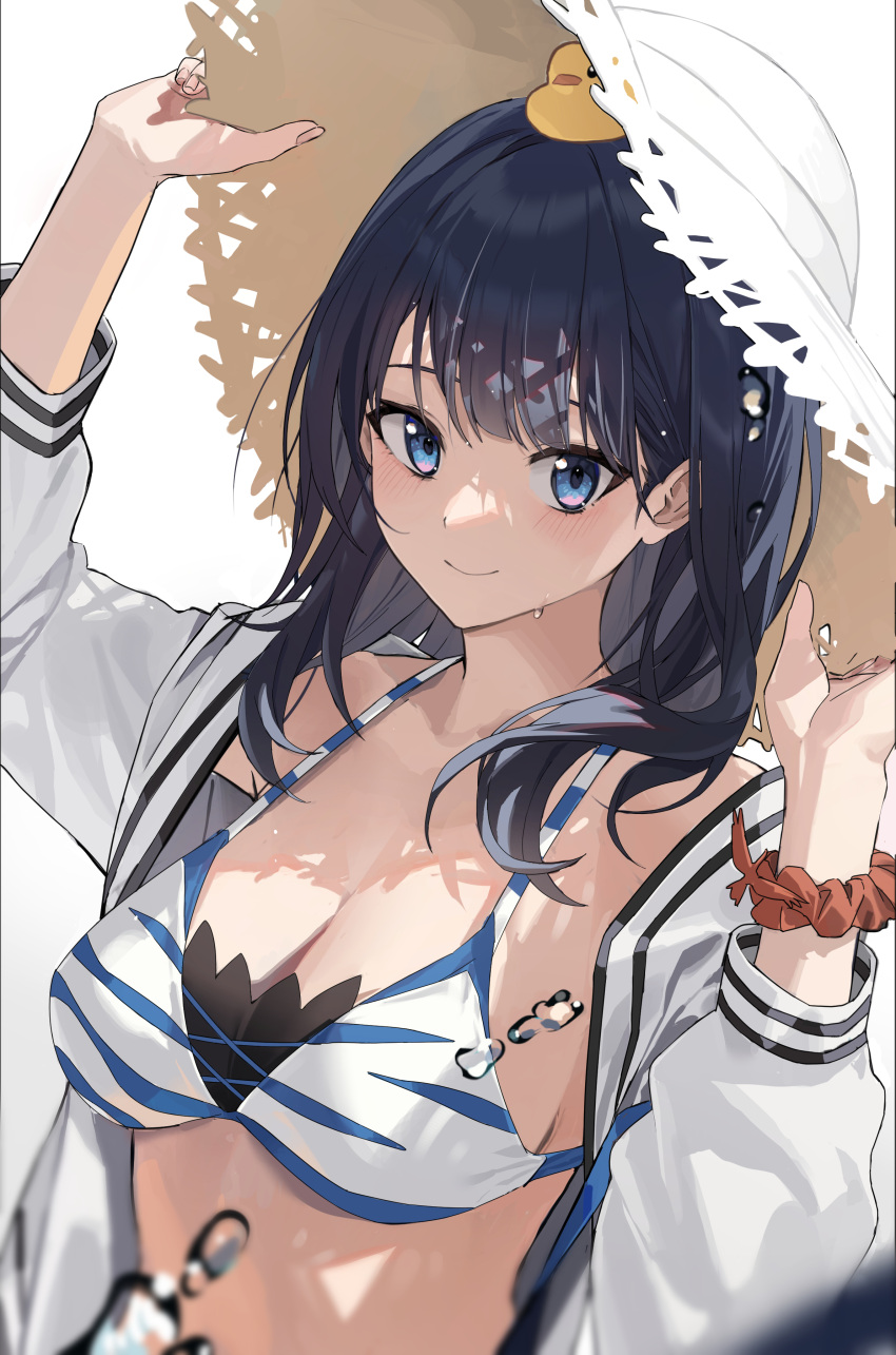 absurdres bankongping bikini bikini_top_only black_hair blue_eyes breasts chinese_commentary cleavage closed_mouth commentary_request derivative_work female gridman_universe hand_on_headwear hat highres large_breasts long_hair looking_at_viewer open_clothes open_shirt rubber_duck scrunchie shirt simple_background smile solo ssss.gridman straw_hat swimsuit takarada_rikka two-tone_bikini upper_body white_background white_shirt wrist_scrunchie