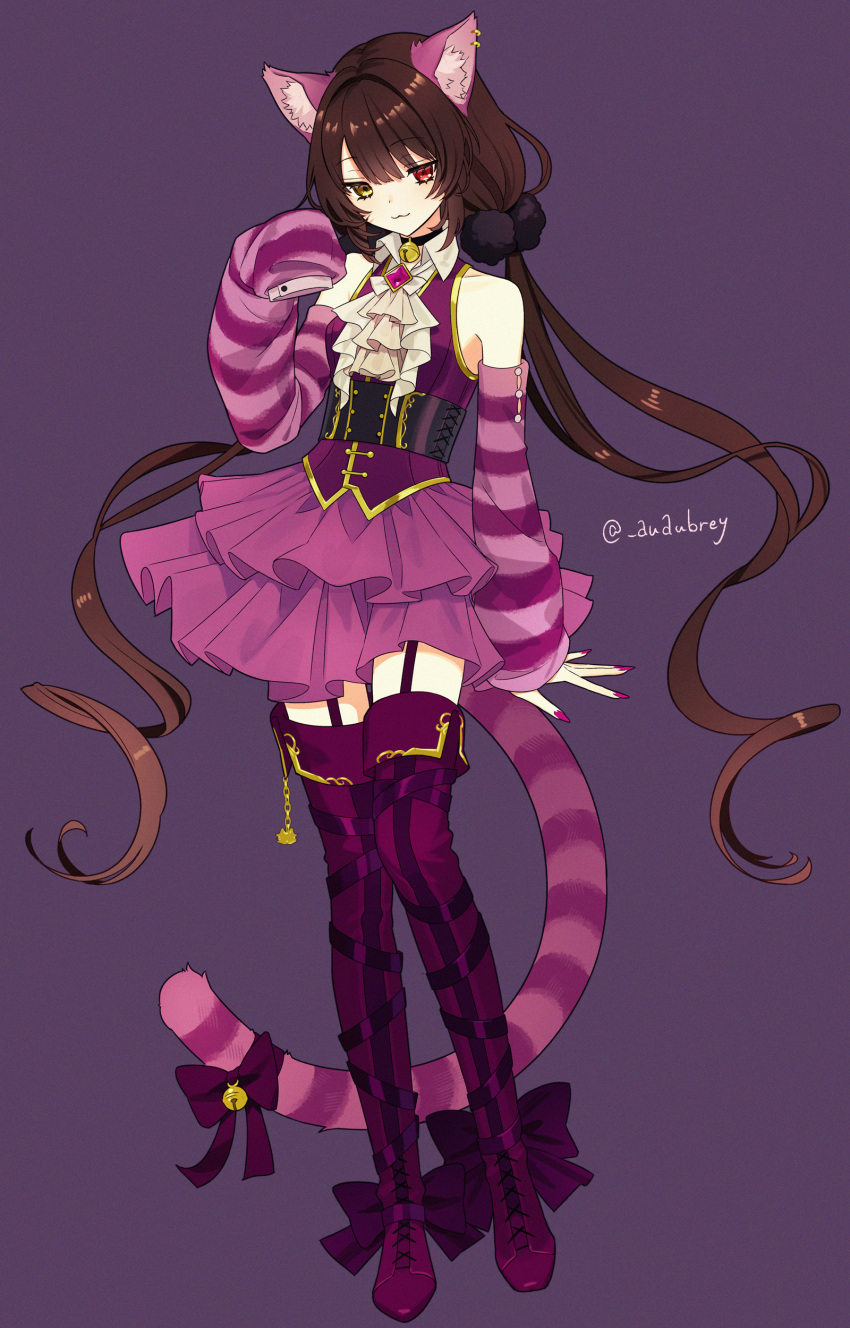 :3 absurdres alternate_animal_ears alternate_costume animal_ear_fluff animal_ear_piercing animal_ears arm_at_side ascot bare_shoulders bell black_choker black_corset boots bow breasts brown_hair cat_ears cat_girl cat_tail cheshire_cat_(alice_in_wonderland) cheshire_cat_(alice_in_wonderland)_(cosplay) choker corset cosplay detached_sleeves female footwear_bow full_body garter_straps gem gold_trim hair_ornament heterochromia highres inui_toko knees_together_feet_apart kyarairo layered_skirt long_hair looking_at_viewer low_twintails miniskirt nail_polish neck_bell nijisanji paw_pose pleated_skirt pom_pom_(clothes) pom_pom_hair_ornament purple_background purple_bow purple_ears purple_footwear purple_gemstone purple_nails purple_ribbon purple_skirt purple_sleeves purple_tail purple_vest red_eyes ribbon sidelocks simple_background skirt sleeves_past_fingers sleeves_past_wrists small_breasts smile solo standing striped_sleeves striped_tail tail tail_bell tail_bow tail_ornament thigh_boots twintails twitter_username very_long_hair vest virtual_youtuber yellow_eyes