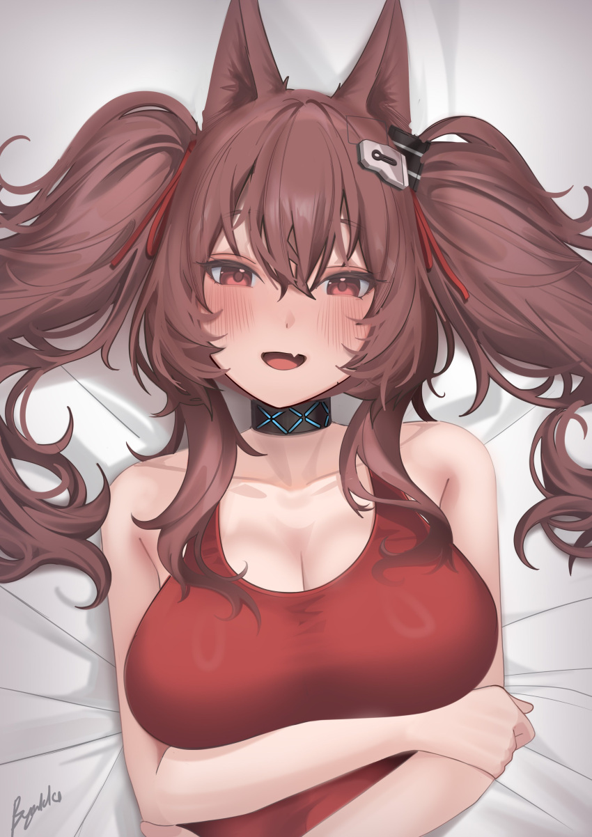 :d absurdres angelina_(arknights) animal_ears arknights artist_name bare_arms bed_sheet black_choker blush breasts brown_hair choker cleavage collarbone crossed_arms dot_nose english_commentary female fourtwelve fox_ears hair_between_eyes hair_ribbon headpiece highres infection_monitor_(arknights) large_breasts long_hair looking_at_viewer lying oerba_yun_fang official_alternate_costume on_back red_eyes red_ribbon ribbon sidelocks skin_fang smile solo tongue twintails upper_body