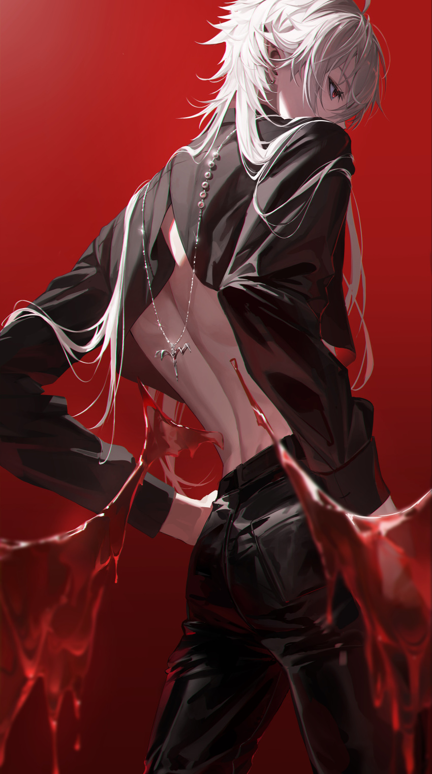 1boy absurdres ahoge back black_pants blood_wings earrings from_behind hands_on_own_hips highres jewelry kuzuha_(nijisanji) leather leather_pants long_hair looking_to_the_side low_wings male_focus nijisanji pants red_background red_eyes simple_background sjamki solo vampire virtual_youtuber white_hair wings