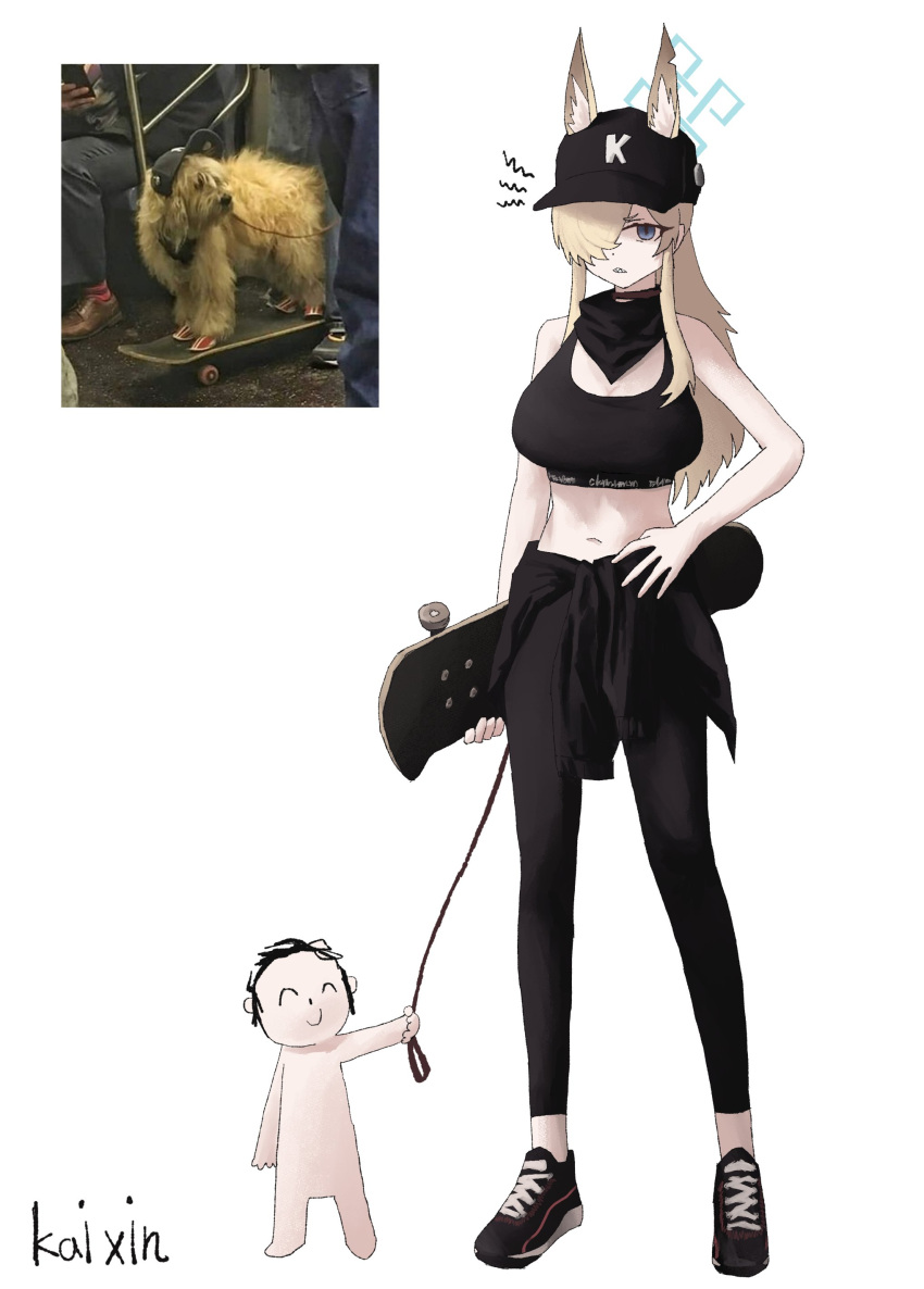 1boy absurdres animal_ear_fluff animal_ears black_footwear black_hat black_pants black_scarf black_tank_top blonde_hair blue_archive blue_eyes blue_halo breasts cleavage collarbone dog_ears doodle_sensei_(blue_archive) extra_ears female halo hat highres holding holding_leash kanna_(blue_archive) large_breasts leash long_hair navel notched_ear pants photo-referenced scarf sensei_(blue_archive) sharp_teeth skateboard tank_top teeth zheng_kai_xin