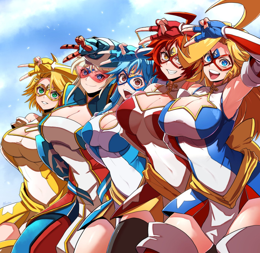 5girls ahoge american_flag american_flag_print blonde_hair blue_eyes blue_gloves blue_hair blush boots breasts brown_eyes cleavage cleavage_cutout closed_mouth clothing_cutout domino_mask dress earrings elbow_gloves eye_mask fingerless_gloves flag_print fujioka_yatsufusa glasses gloves gold_bow hair_ornament hair_stick hairband highres jewelry kamen_america kamen_america_(comic) kamen_comet kamen_ramen kamen_terra kamen_victory large_breasts leotard long_hair looking_at_viewer mask multiple_girls open_mouth patriotism purple_eyes red_hair short_hair smile solo star_(symbol) star_cutout star_earrings striped_clothes striped_footwear superhero_costume thigh_boots thighhighs tinted_eyewear v vertical-striped_footwear very_long_hair