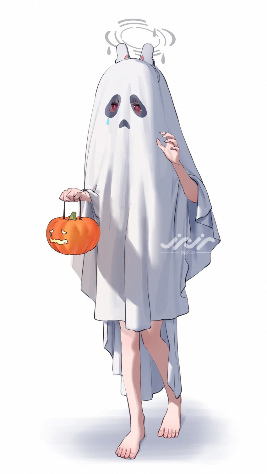 alternate_costume blue_archive female full_body ghost_costume ghost_pose halloween halloween_bucket halloween_costume highres jack-o'-lantern jfjf looking_at_viewer miyu_(blue_archive) red_eyes simple_background solo standing white_background