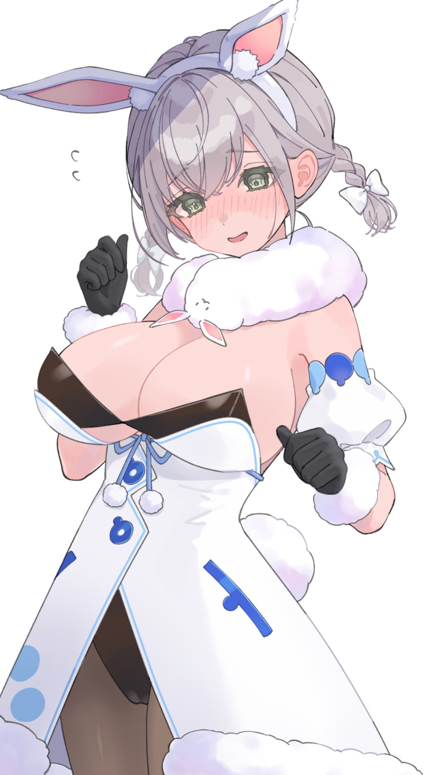 animal_ear_fluff animal_ears black_gloves black_leotard black_pantyhose blush bow braid breasts cleavage coat cosplay creature detached_sleeves fake_animal_ears female flying_sweatdrops fur-trimmed_coat fur-trimmed_gloves fur_trim gloves green_eyes grey_hair hairbow highleg highleg_leotard highres hololive large_breasts leotard open_mouth pantyhose playboy_bunny pocket puffy_detached_sleeves puffy_short_sleeves puffy_sleeves rabbit_ears scarf shirogane_noel short_sleeves simple_background solo strapless strapless_leotard twin_braids usada_pekora usada_pekora_(cosplay) virtual_youtuber white_background white_bow white_coat white_fur yuri_yutaka