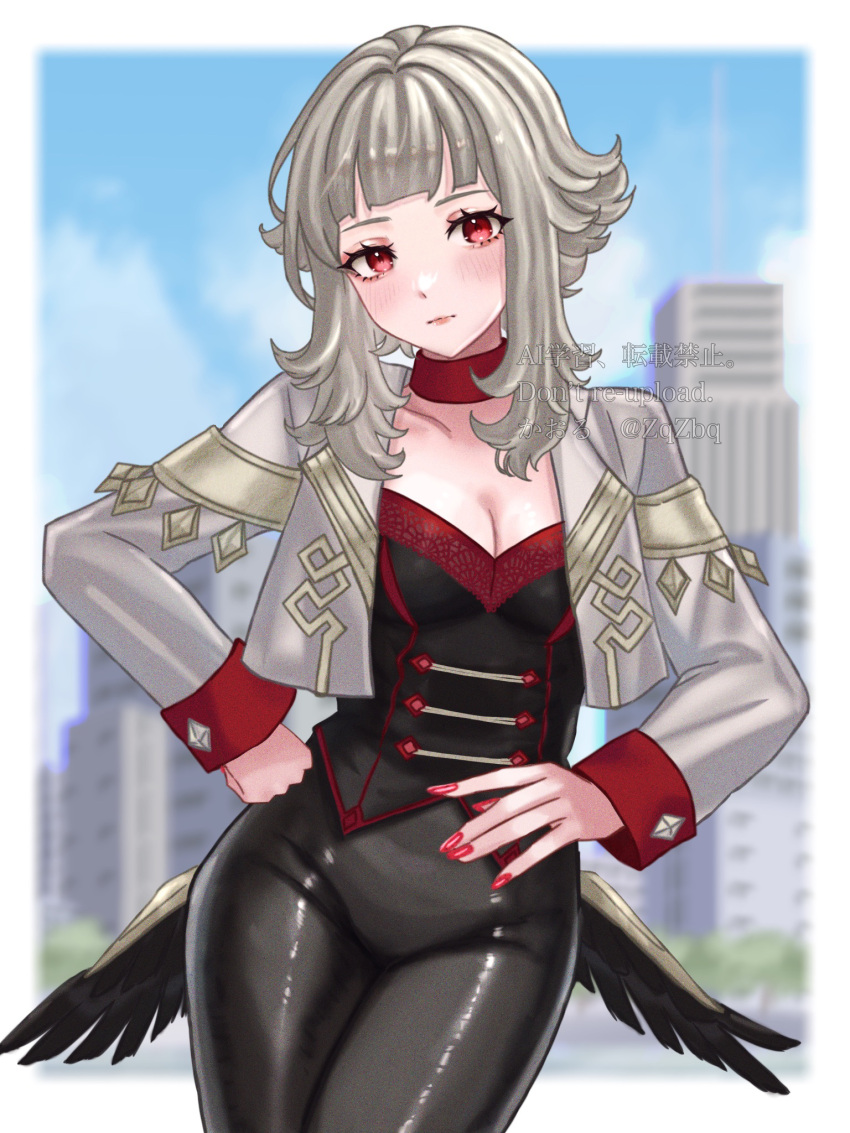 alternate_costume blunt_bangs border breasts choker cleavage collarbone female fire_emblem fire_emblem_heroes gold_trim grey_hair hand_on_own_hip highres jacket leather leather_pants looking_at_viewer medium_breasts nail_polish official_alternate_hairstyle outside_border pants red_eyes short_hair short_hair_with_long_locks tight_clothes tight_pants veronica_(fire_emblem) veronica_(princess_rising)_(fire_emblem) white_border white_jacket wings zqzbq