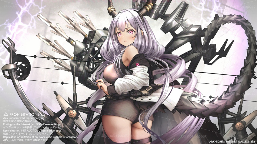 arknights artist_name bare_shoulders black_hairband black_horns black_shirt black_shorts bow_(weapon) compound_bow female hairband holding holding_bow_(weapon) holding_weapon horn_hairband horns jacket long_hair off_shoulder pink_eyes purple_hair shirt shorts solo tail typhon_(arknights) weapon white_jacket yokaze_(yokajie)