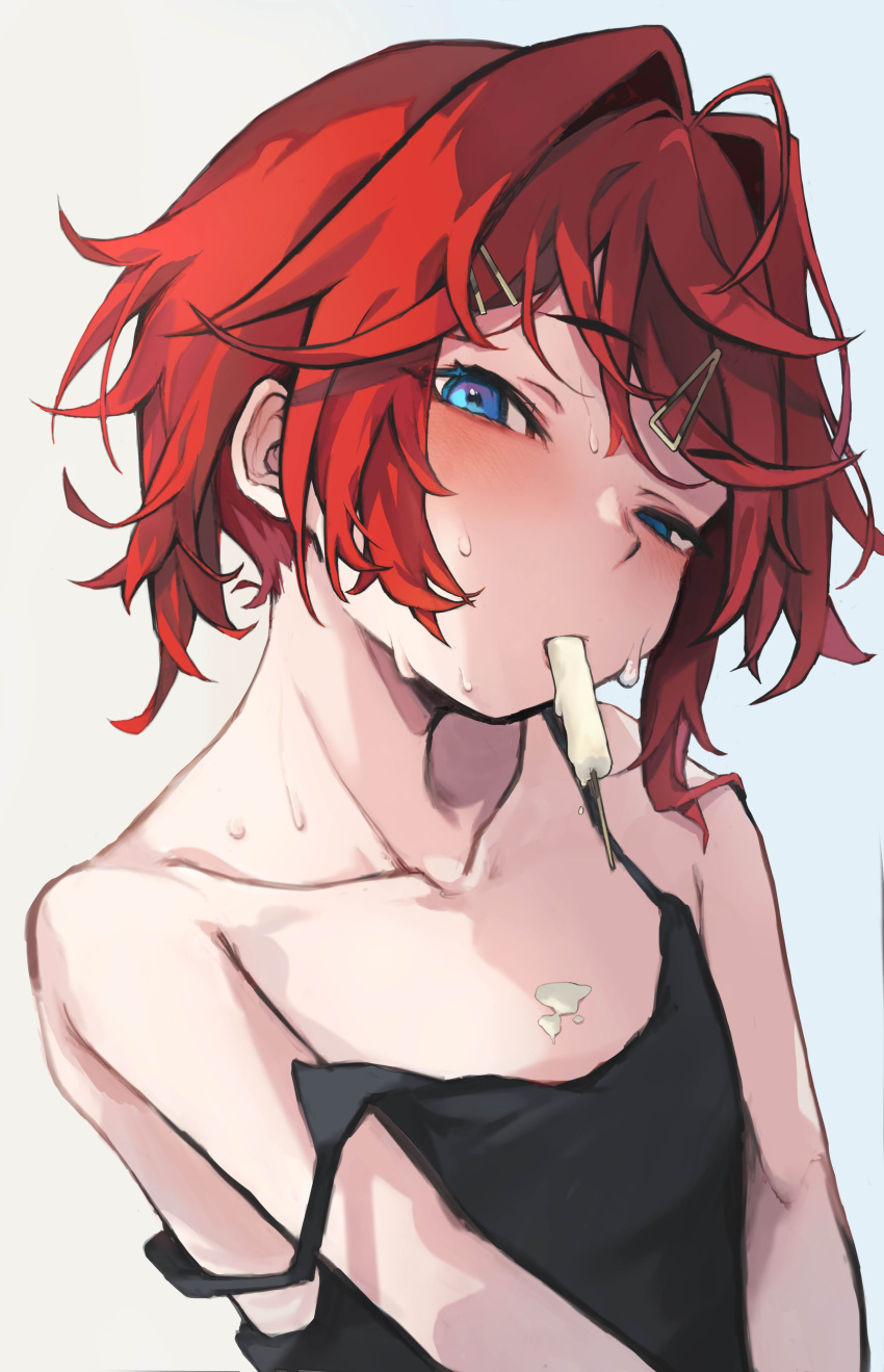 absurdres ahoge akechi_(akechi_5416) ange_katrina black_camisole blue_eyes blush camisole collarbone female food food_in_mouth food_on_body food_on_breasts hair_intakes hair_ornament hairclip head_tilt highres looking_at_viewer medium_hair messy_hair nijisanji popsicle red_hair simple_background solo strap_slip sweat virtual_youtuber white_background white_popsicle