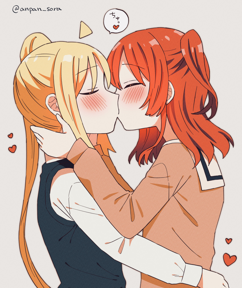 2girls absurdres ahoge anpan_sora black_sweater_vest blonde_hair blush bocchi_the_rock! brown_shirt closed_eyes commentary_request from_side grey_background hand_on_another's_face hand_on_another's_waist heart highres ijichi_nijika kissing kita_ikuyo long_hair long_sleeves multiple_girls one_side_up profile red_hair sailor_collar school_uniform shimokitazawa_high_school_uniform shirt shuka_high_school_uniform side_ponytail simple_background speech_bubble sweater_vest translated twitter_username white_sailor_collar white_shirt yuri