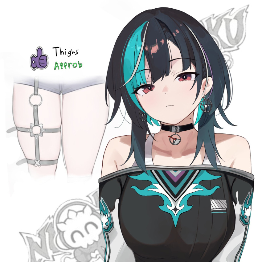 :/ bare_shoulders black_choker black_hair black_shirt breasts choker closed_mouth colored_inner_hair earrings english_text female green_hair highres hololive hololive_dev_is jewelry ku_roiko large_breasts long_sleeves looking_at_viewer medium_hair multicolored_hair multiple_views o-ring o-ring_thigh_strap off-shoulder_shirt off_shoulder purple_hair raglan_sleeves red_eyes rindo_chihaya shirt short_shorts shorts streaked_hair thigh_strap thighs white_background white_hair