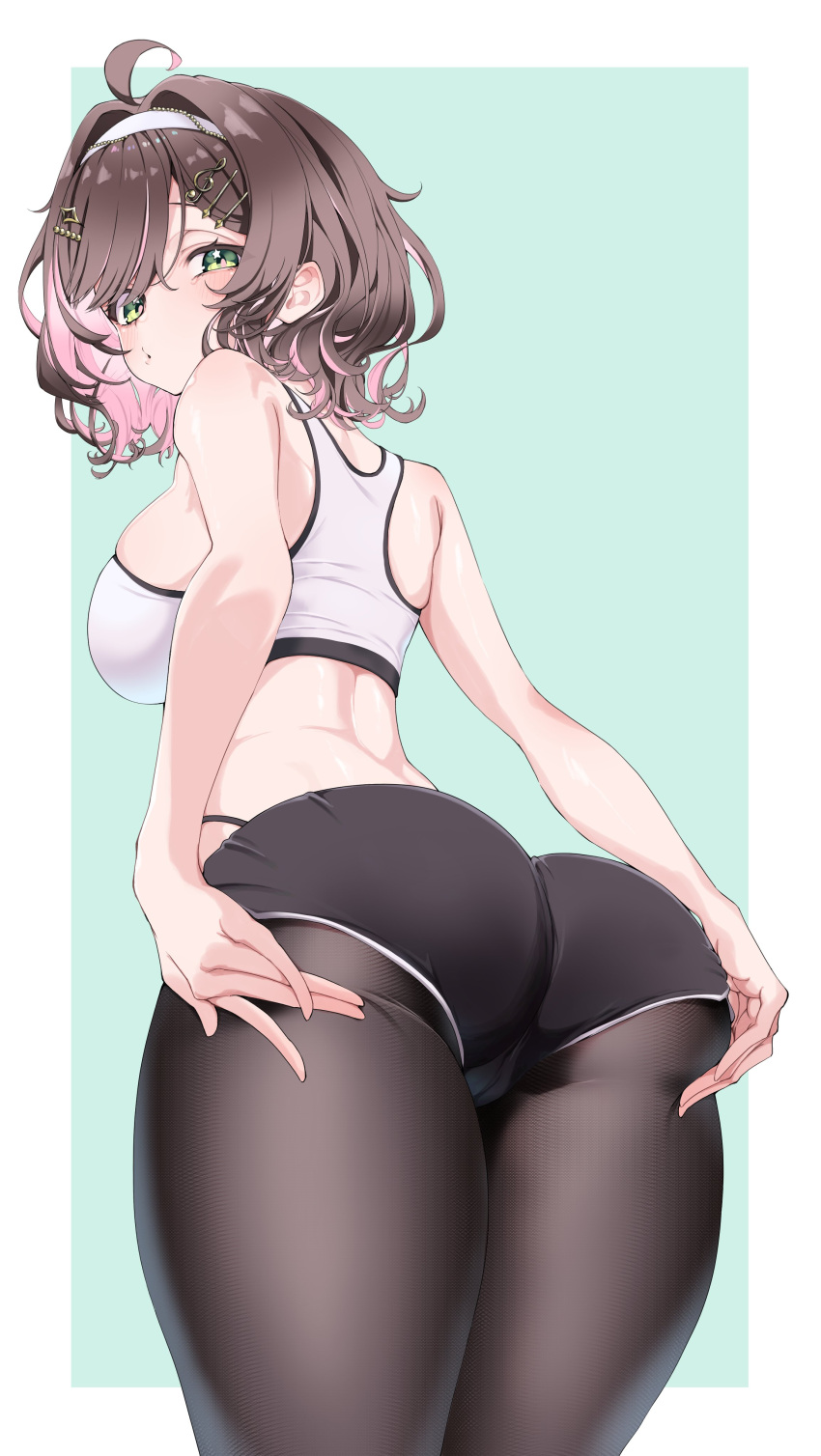 absurdres ahoge ass black_pantyhose black_shorts blush border breasts brown_hair cameltoe colored_inner_hair commentary commission english_commentary female from_behind good_ass_day green_eyes hair_ornament hairclip hands_on_own_ass headband highleg highleg_panties highres indie_virtual_youtuber large_breasts legs_together looking_at_viewer looking_back median_furrow miori_celesta multicolored_hair musical_note musical_note_hair_ornament panties panty_straps pantyhose parted_lips pink_hair second-party_source short_hair short_shorts shorts sin_pentagram solo sports_bra standing star_(symbol) star_in_eye swept_bangs symbol_in_eye thighs underwear virtual_youtuber white_border white_headband white_sports_bra