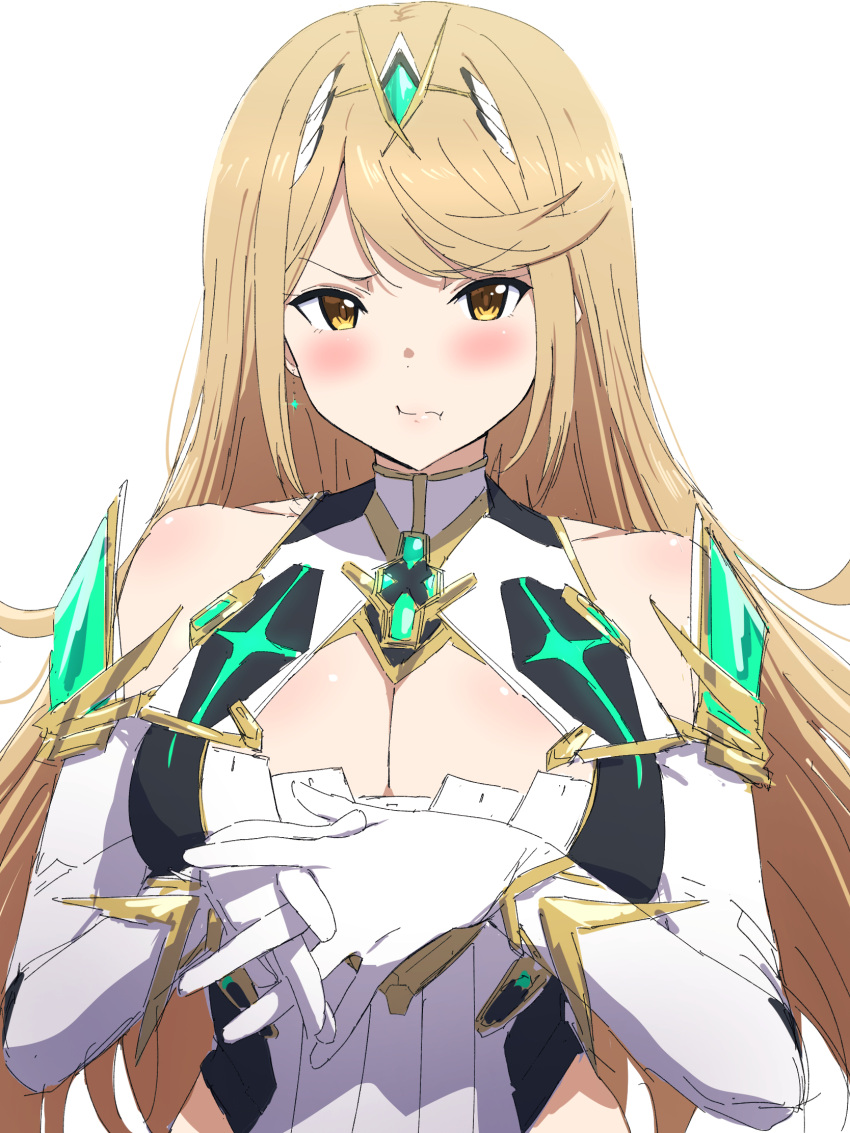 :i bare_shoulders blonde_hair blush breasts brown_eyes cleavage closed_mouth dress elbow_gloves female gloves headpiece highres interlocked_fingers large_breasts long_hair misaki_nonaka mythra_(xenoblade) own_hands_together pout simple_background solo upper_body very_long_hair white_background white_dress white_gloves xenoblade_chronicles_(series) xenoblade_chronicles_2