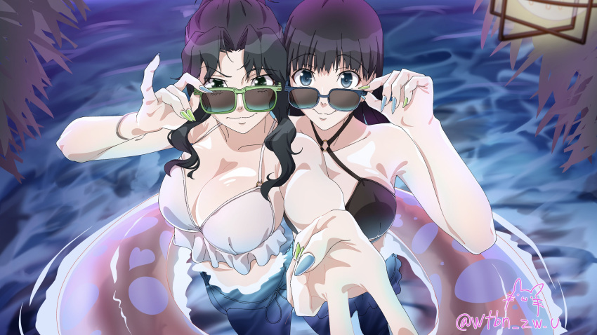 2girls absurdres adjusting_eyewear alternate_breast_size alternate_costume alternate_eye_color amagami ayatsuji_tsukasa bikini black_bikini black_hair blue-framed_eyewear blue_nails blunt_bangs breasts cleavage closed_mouth collarbone commentary curly_hair curtained_hair frilled_bikini frills from_above green-framed_eyewear green_nails halterneck highres large_breasts long_hair looking_at_viewer medium_hair multicolored_nails multiple_girls nail_polish parted_bangs partially_submerged side-tie_bikini_bottom signature smug straight_hair sunglasses swim_ring swimsuit tanamachi_kaoru twitter_username v water wavy_hair white_bikini wtbn_zw_u