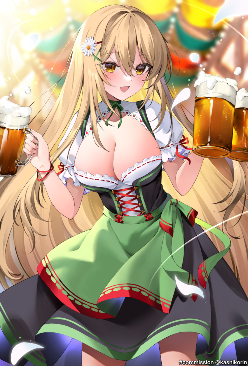 apron beer_mug black_skirt blonde_hair blurry blurry_background borrowed_character breasts brown_eyes cleavage commission cowboy_shot cup dirndl female german_clothes green_apron highres holding holding_cup large_breasts long_hair mug original shirt skeb_commission skirt solo white_shirt yuntae