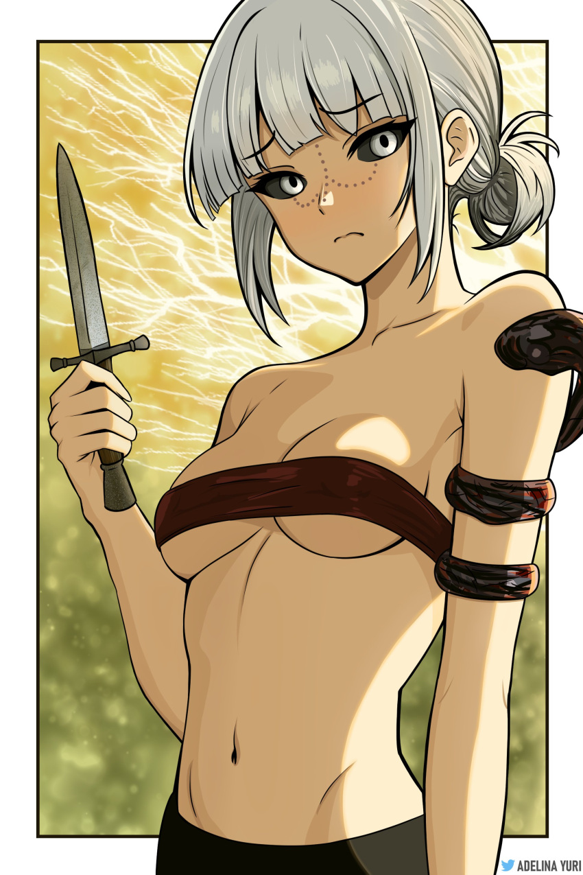 absurdres adelinayuri arm_at_side artist_name bandeau bare_shoulders black_sclera blunt_bangs border breasts brown_bandeau closed_mouth colored_sclera dagger elden_ring erdtree_(elden_ring) female grey_hair highres holding holding_dagger holding_knife holding_weapon knife looking_at_viewer navel original outside_border sidelocks small_breasts solo stomach twitter_logo underboob upper_body weapon white_border white_eyes yellow_background