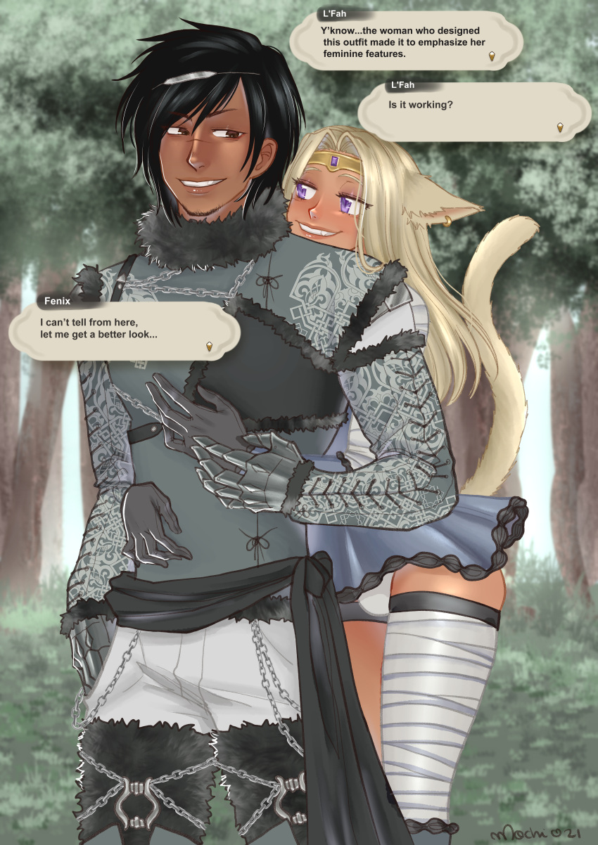 1boy 1futa 2d 2d_(artwork) armor ball_bulge balls balls_in_panties balls_under_clothes black_hair blonde_hair breasts bulge cat_ears cat_tail clothed clothing cosplay dark-skinned_futanari dark-skinned_male dark_skin dialogue dickgirl final_fantasy final_fantasy_xiv flaccid fully_clothed futanari human humanoid intersex jewelry kaine_(nier)_(cosplay) kenonomimi l'fah_morcant male male_on_futa miqo'te mochironmochi nier nier_(series) original original_character panties panty_bulge penis penis_bulge penis_in_panties penis_under_clothes penis_under_skirt purple_eyes skirt text