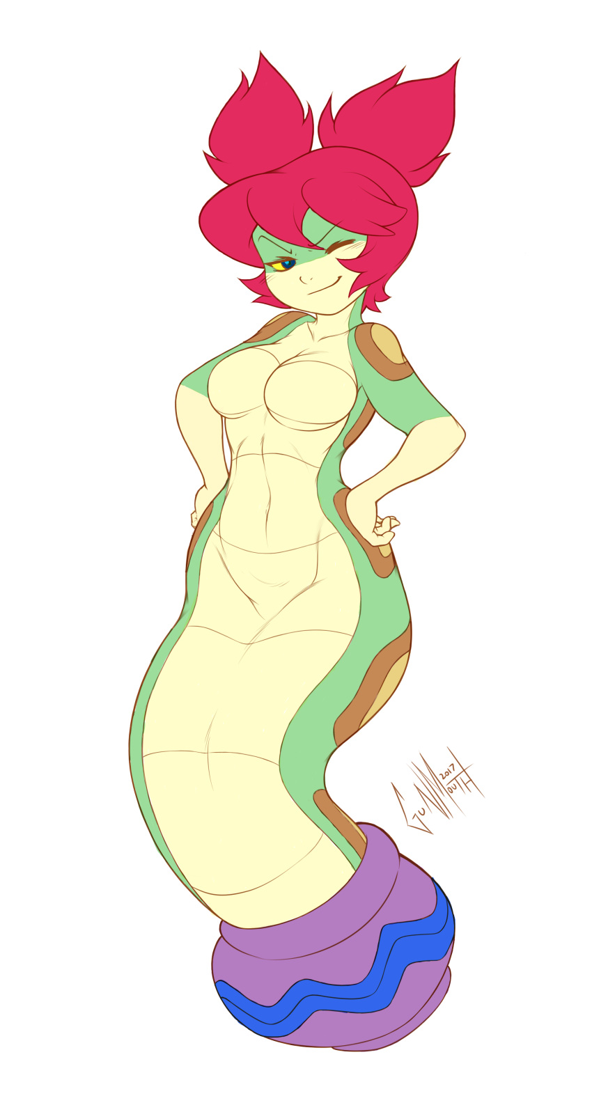 absurd_res anthro blue_eyes blush breasts colored edit featureless_breasts female green_body gunmouth hi_res multicolored_body no_nipples one_eye_closed red_eyes reptile scalie shantae simple_background smile smooth_skin snake solo tuki_(shantae)