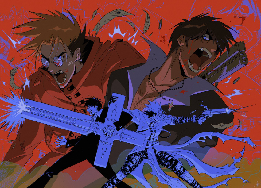 2boys bare_pectorals black_jacket blonde_hair blood blood_on_face blue_eyes brown_hair chest_hair coat collared_jacket commentary cross cross_necklace cross_punisher english_commentary fangs feet_out_of_frame firing floating_clothes gun hair_over_one_eye highres holding holding_gun holding_weapon jacket jewelry lea_reymauzaize male_focus multiple_boys multiple_views necklace nicholas_d._wolfwood one_eye_covered open_collar open_mouth outstretched_arm pectorals red_background red_coat revolver rimless_eyewear round_eyewear short_hair shouting teeth torn_clothes trigun trigun_stampede vash_the_stampede weapon weapon_on_back