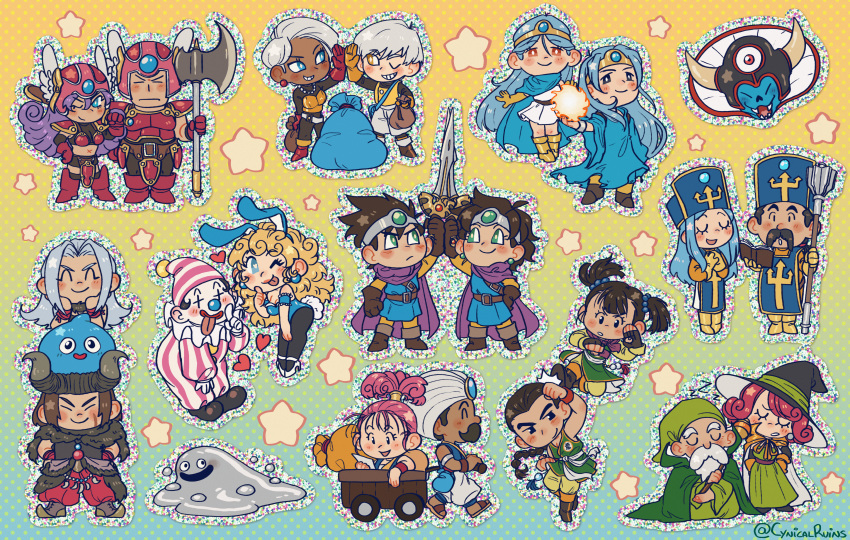 6+boys 6+girls absurdres animal_ears armor aurora_(cynicalruins) axe beard bikini_armor chibi clown dark-skinned_female dark_skin dragon_quest dragon_quest_iii dual_persona facial_hair fake_animal_ears fake_horns fighter_(dq3) habit halberd hat helmet hero_(dq3) heroine_(dq3) highres holding holding_mace holding_polearm holding_sword holding_weapon horned_headwear horns jester_(dq3) leotard liquid_metal_slime_(dq) mace mage_(dq3) merchant_(dq3) monster_wrangler_(dq3) multiple_boys multiple_girls playboy_bunny polearm priest_(dq3) robe sack sage_(dq3) slime_(dragon_quest) soldier_(dq3) sword thief_(dq3) twintails wagon weapon winged_footwear witch_hat zoma