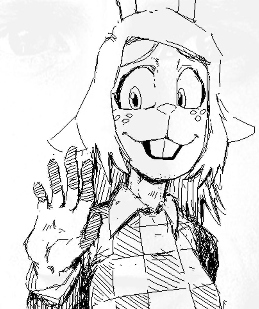 5_fingers absurd_res anthro antlers black_and_white breasts buckteeth clothing deer deltarune female fingers freckles general_proton gesture hair hi_res horn mammal monochrome noelle_holiday open_mouth open_smile simple_background smile solo sweater teeth topwear undertale_(series) waving waving_at_viewer white_background