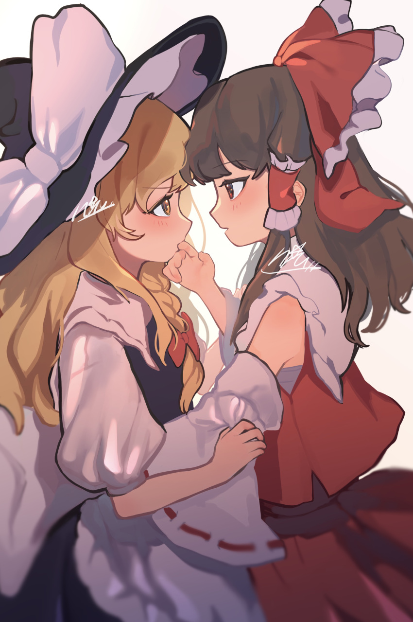 2girls absurdres apron blonde_hair blush bow braid brown_hair commentary_request detached_sleeves eye_contact frilled_bow frilled_hair_tubes frills hair_tubes hairbow hakurei_reimu hand_on_another's_mouth hat hat_bow highres kirisame_marisa long_hair looking_at_another multiple_girls niru_(ka_k_0517) open_mouth red_bow red_eyes red_skirt ribbon-trimmed_sleeves ribbon_trim side_braid signature single_braid skirt skirt_set touhou waist_apron white_apron white_bow witch_hat yellow_eyes yuri