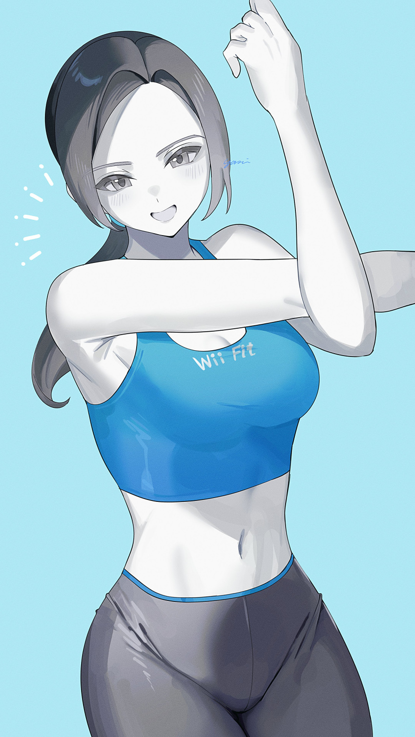 ! :d absurdres armpit_crease blue_background blush breasts colored_skin grey_eyes groin highres looking_at_viewer medium_breasts midriff navel pants parted_bangs ponytail smile sports_bra stomach stretching white_skin wii_fit wii_fit_trainer wii_fit_trainer_(female) yasaikakiage yoga_pants