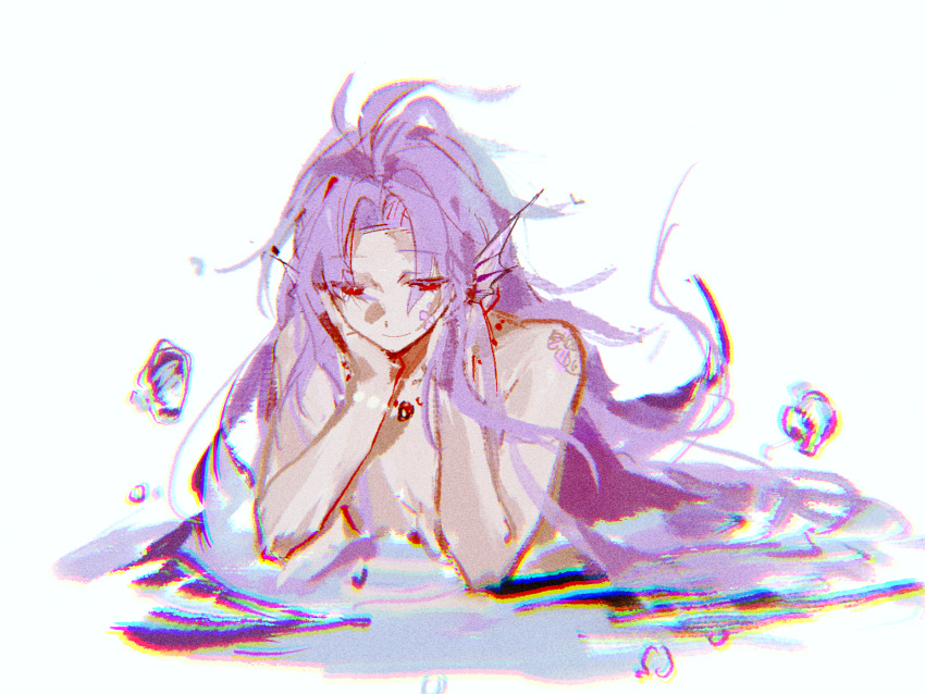 1boy chinese_commentary chromatic_aberration closed_mouth commentary_request curtained_hair film_grain fins hands_on_own_cheeks hands_on_own_face hatsutori_hajime head_fins highres long_hair male_focus merman monster_boy monsterification parted_bangs purple_hair red_eyes saibou_shinkyoku shuiyemusan smile solo