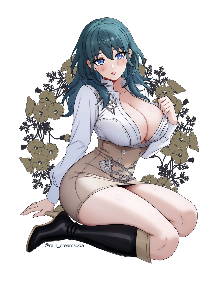 absurdres blue_eyes blue_hair breasts byleth_(female)_(fire_emblem) byleth_(fire_emblem) cleavage female fire_emblem fire_emblem:_three_houses hair_between_eyes high-waist_skirt highres large_breasts looking_at_viewer medium_hair official_alternate_costume open_mouth rein_creamsoda simple_background skirt solo thick_thighs thighs white_background