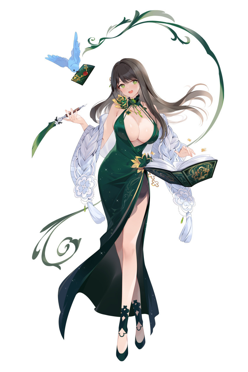 bird black_survival book breasts brown_hair cleavage dress envelope eternal_return:_black_survival female green_dress green_eyes green_footwear gweon_sua highres holding holding_quill long_hair open_book quill sankyaku_tako solo