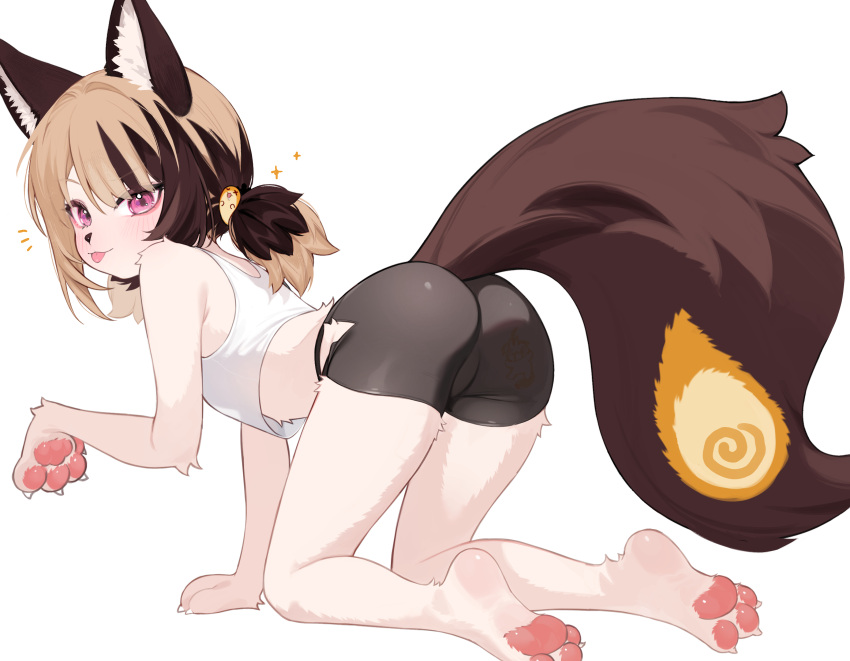 :3 :p absurdres all_fours animal_ear_fluff animal_ears animal_nose ass bike_shorts black_shorts blush body_fur brown_hair character_hair_ornament commentary english_commentary female furrification furry furry_female gigi_murin grem_(gigi_murin) hair_ornament highres hip_vent hololive hololive_english hoshi_usagi large_tail light_brown_hair looking_at_viewer multicolored_hair pawpads pink_eyes shorts simple_background solo sparkle tail tank_top tongue tongue_out two-tone_hair two_side_up virtual_youtuber white_background white_tank_top wolf_ears wolf_girl wolf_tail