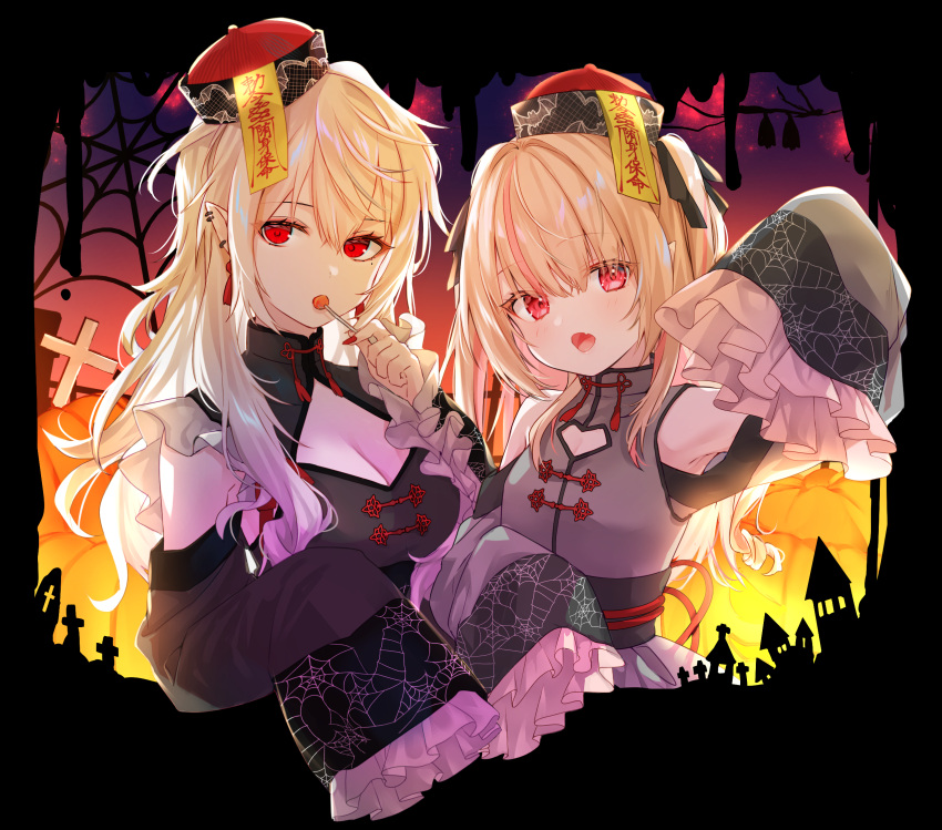 2girls black_border blonde_hair border breasts candy cleavage_cutout clothing_cutout earrings food halloween highres holding holding_candy holding_food holding_lollipop jewelry jiangshi jiangshi_costume lollipop long_hair looking_at_viewer makaino_ririmu medium_breasts medium_hair multiple_girls nail_polish nijisanji open_mouth pointy_ears red_eyes red_nails sanya_(kuzuha) silk sleeves_past_wrists small_breasts spider_web tassel tassel_earrings tojo_(natumi1412) tombstone virtual_youtuber