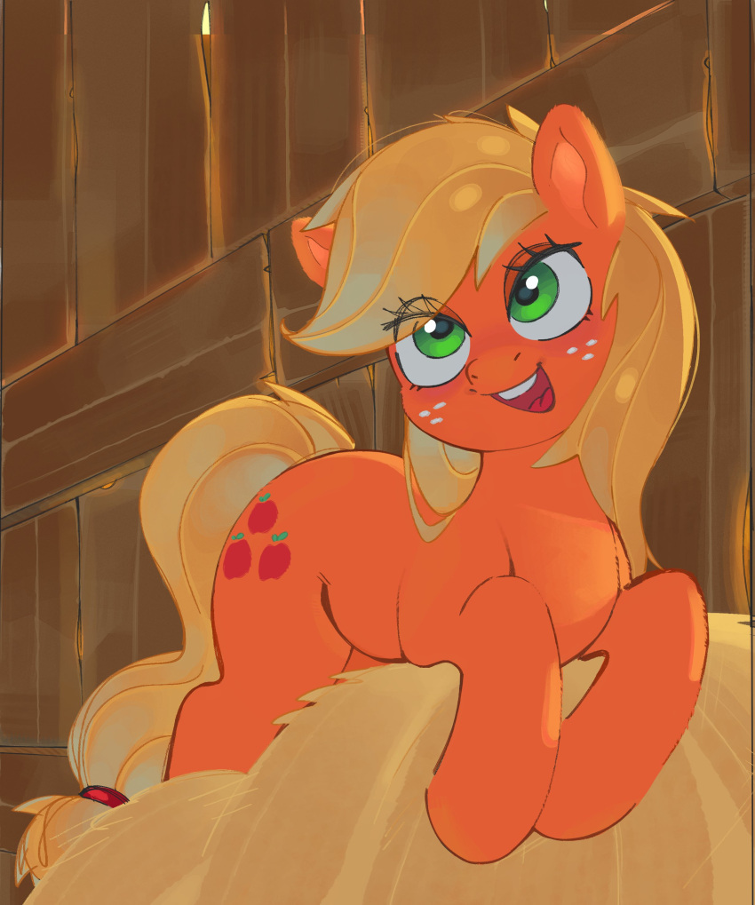 2024 absurd_res apple applejack_(mlp) barn blonde_hair blonde_mane cutie_mark earth_pony equid equine eye_through_hair eyelashes female female_feral feral food freckled_face freckles friendship_is_magic fruit fur green_eyes hair hasbro hay hi_res hooves horse inside magnetstuff mammal mane my_little_pony open_mouth orange_body orange_ears orange_fur orange_hooves plant pony quadruped red_tongue snout solo tail teeth tongue translucent translucent_hair unguligrade white_freckles yellow_tail