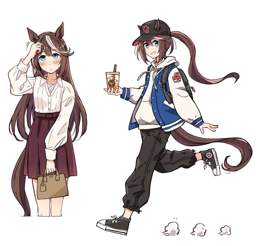 alternate_costume animal_ears bag baseball_cap black_footwear black_hat black_pants blue_eyes blue_jacket brown_hair brown_skirt collared_shirt cropped_legs dress_shirt drink ears_through_headwear female grin hair_down handbag hat highres hood hooded_sweater horse_ears horse_girl horse_tail ido_(teketeke) jacket letterman_jacket long_hair looking_up multicolored_hair multiple_views pants running shirt shoes simple_background skirt smile sneakers streaked_hair sweater tail tokai_teio_(umamusume) umamusume white_background white_hair white_shirt white_sweater