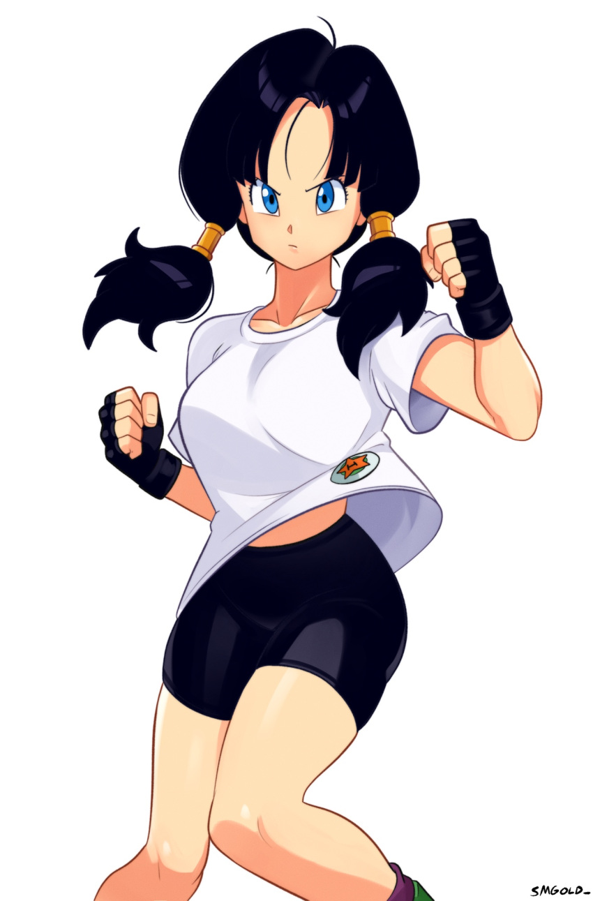 artist_name bike_shorts black_hair black_shorts blue_eyes breasts clenched_hands closed_mouth collarbone dragon_ball dragon_ball_z female highres large_breasts looking_at_viewer orange_star_high_school shirt shorts simple_background smgold solo star_(symbol) t-shirt videl white_background white_shirt