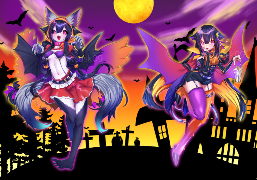 2girls animal_collar animal_ears big_bad_wolf big_bad_wolf_(cosplay) black_hair cape claw_pose claws clothing_request collar commentary_request cosplay detached_sleeves dual_persona fangs full_body full_moon gradient_background halloween lantern little_red_riding_hood little_red_riding_hood_(grimm) little_red_riding_hood_(grimm)_(cosplay) long_hair looking_at_viewer low_wings monster_girl moon multiple_girls multiple_tails original outdoors pink_eyes pointy_ears red_skirt rtsusk09 simple_bat skirt tail thighhighs very_long_hair wing_cape wings wolf_ears wolf_girl wolf_tail