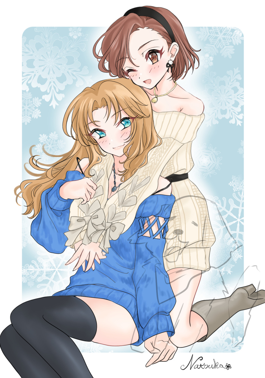 2girls ;) ;d arm_cutout asymmetrical_bangs black_hairband black_thighhighs blonde_hair blue_dress blush boots border breasts brown_hair canine cleavage collarbone commentary_request dress hairband highres hug hug_from_behind idolmaster idolmaster_cinderella_girls invisible_floor knee_boots long_hair long_sleeves matsumoto_sarina mizuki_seira multiple_girls natsuka_(pwkf8487) off-shoulder_dress off_shoulder one_eye_closed own_hands_together short_hair signature sitting smile snowflake_background sweater sweater_dress thighhighs very_long_hair white_border white_dress