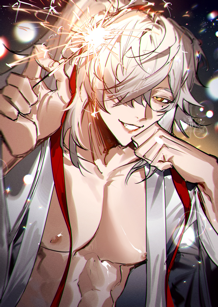 1boy abs absurdres collarbone crossed_bangs fireworks grey_hair hair_over_one_eye hair_ribbon hand_on_own_cheek hand_on_own_face head_on_hand head_rest high_ponytail highres holding holding_fireworks honkai:_star_rail honkai_(series) jing_yuan long_hair long_sleeves looking_at_viewer male_focus mole mole_under_eye nipples open_clothes open_shirt ponytail red_ribbon ribbon riu_(mybloodynails) shirt sidelocks smile solo sparkler watermark white_shirt yellow_eyes