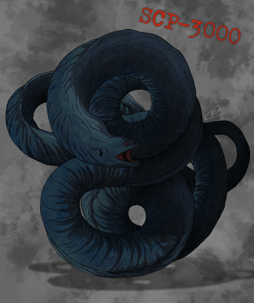 2023 absurd_res ambiguous_gender apode blue_body blue_skin blue_tail blue_teeth buccinator character_name chimericecho clip_studio_paint_(artwork) colored digital_media_(artwork) digital_painting_(artwork) eel english_description feral fish front_view grey_background hi_res legless long_body marine moray_eel number open_mouth red_eyes red_mouth red_text scp-3000 scp_foundation sea_monster serpentine shaded shadow sharp_teeth signature simple_background solo tail teeth text wrinkles