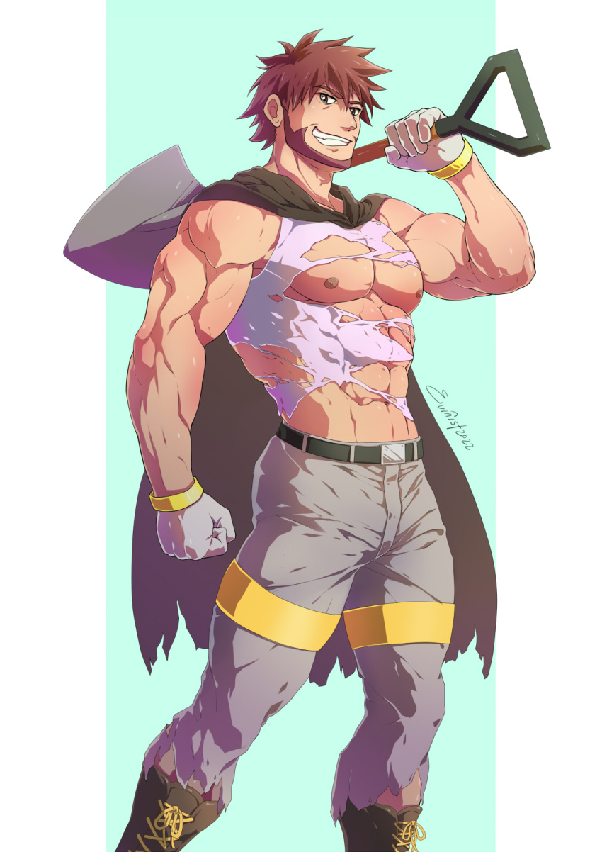 1boy 2022 abs artist_name bara belt brown_hair byron_(pokemon) cape clenched_hand commentary cross-laced_footwear evinist gloves grin highres holding holding_shovel large_pectorals looking_at_viewer male_focus muscular muscular_male navel nipples pants pectorals pokemon pokemon_dppt shovel simple_background smile solo tank_top teeth torn_clothes torn_tank_top variant_set white_tank_top