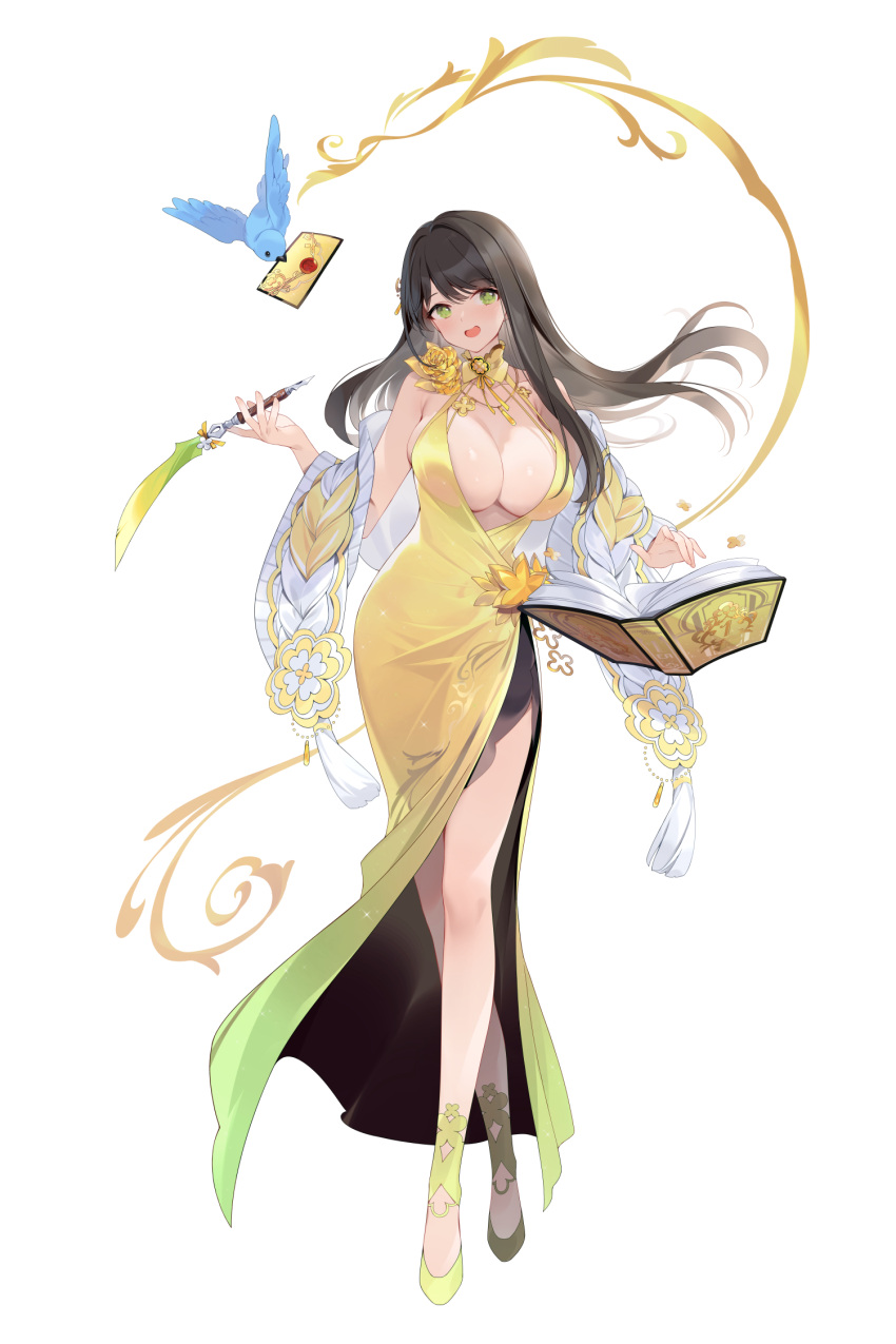 bird black_survival book breasts brown_hair cleavage dress envelope eternal_return:_black_survival female green_eyes green_footwear gweon_sua highres holding holding_quill long_hair open_book quill sankyaku_tako solo yellow_dress