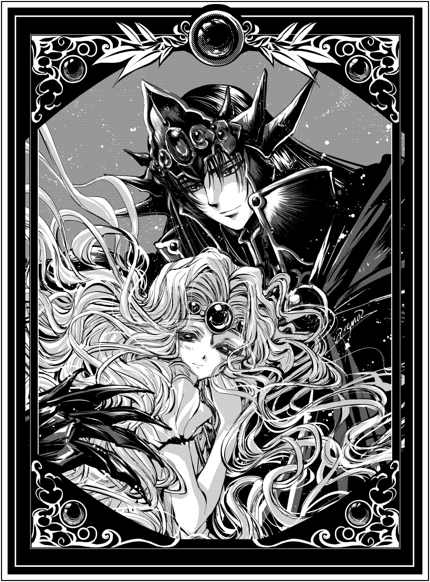 1boy aosuna border emeraude_(rayearth) female greyscale highres magic_knight_rayearth male_focus messy_hair monochrome ornate_border smile straight tagme zagato_(rayearth)