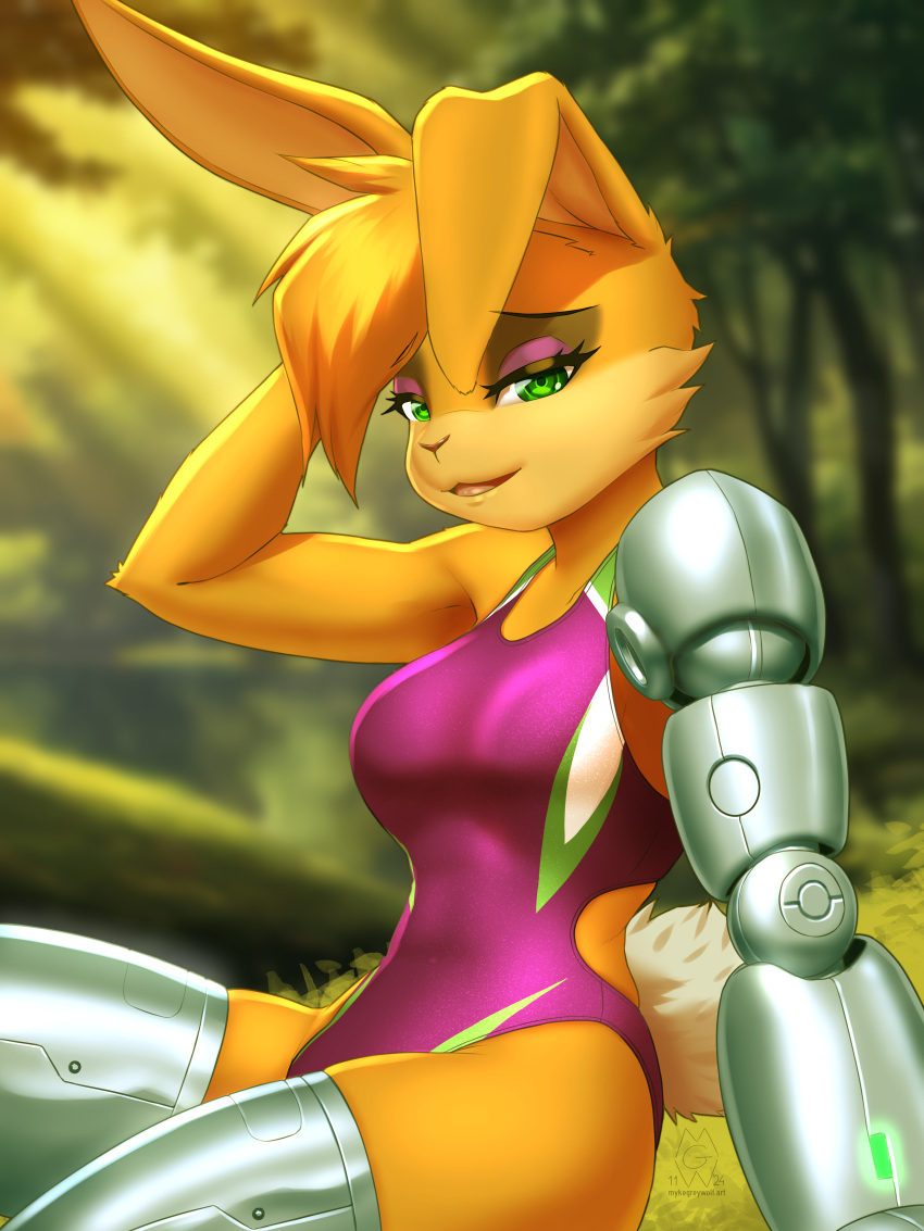 2024 3:4 absurd_res anthro archie_comics biped blurred_background breasts bunnie_rabbot clothed clothing cybernetic_arm cybernetic_limb digital_media_(artwork) eyebrows eyelashes female green_eyes hair hi_res lagomorph leporid long_ears mammal medium_breasts mykegreywolf one-piece_swimsuit outside rabbit sega solo sonic_the_hedgehog_(archie) sonic_the_hedgehog_(comics) sonic_the_hedgehog_(series) swimwear tail