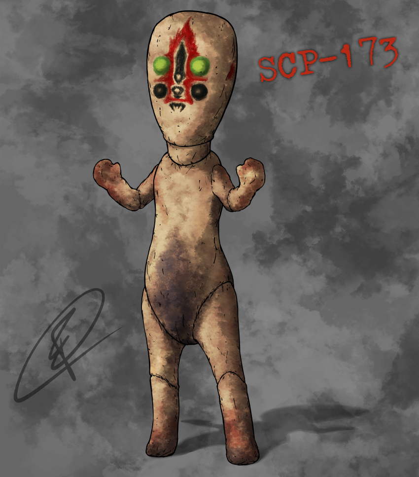 2022 absurd_res ambiguous_gender animate_inanimate biped black_eyes character_name chimericecho clip_studio_paint_(artwork) colored concrete digital_media_(artwork) digital_painting_(artwork) elemental_creature english_description facial_markings featureless_feet feet front_view full-length_portrait green_eyes grey_background grey_markings head_markings hi_res humanoid living_statue markings mineral_fauna mitten_hands number portrait red_markings red_text rock rock_creature scp-173 scp_foundation sculpture segmented_body shaded shadow signature simple_background solo standing statue tan_body text