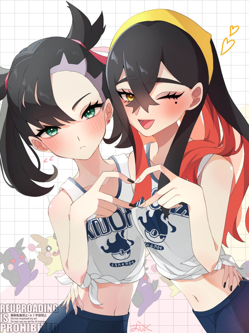 2girls asymmetrical_bangs black_hair black_nails blush carmine_(pokemon) closed_mouth commentary_request crossed_bangs earrings eyelashes green_eyes hair_between_eyes hair_ribbon hairband hand_on_another's_waist heart heart_hands heart_hands_duo highres jewelry marnie_(pokemon) midriff mole mole_under_eye morpeko morpeko_(full) morpeko_(hangry) multiple_girls nail_polish navel ninkou_tan one_eye_closed pokemon pokemon_sv pokemon_swsh ribbon shirt tied_shirt twintails two_side_up yellow_eyes yellow_hairband