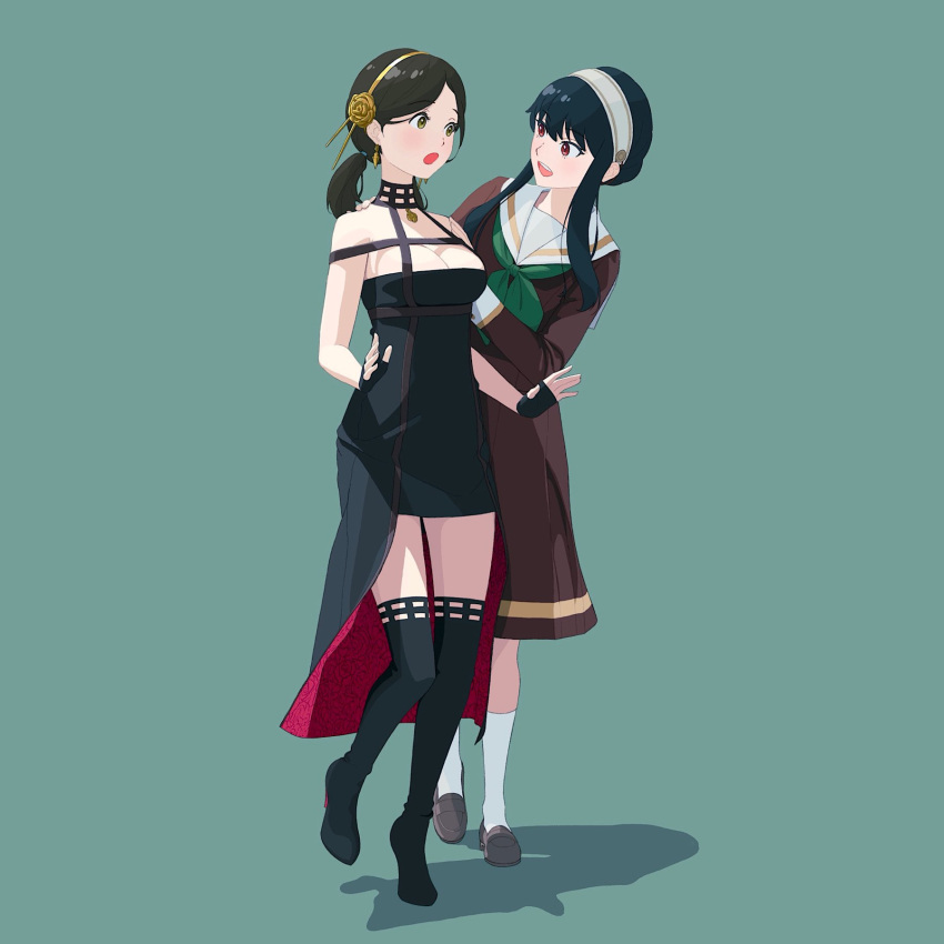 2girls :d :o aqua_background bare_arms bare_shoulders black_dress black_footwear black_gloves black_hair boots breasts brown_serafuku brown_shirt brown_skirt cleavage commentary_request cosplay costume_switch crossover dress earrings eye_contact fingerless_gloves flower full_body gloves gold_hairband green_neckerchief hair_flower hair_ornament hairband hand_on_another's_shoulder hayami_saori hibike!_euphonium high-low_skirt high_heel_boots high_heels highres jewelry kitauji_high_school_uniform korean_commentary leaning_to_the_side lizybrush loafers long_hair long_sleeves looking_at_another medium_breasts multiple_girls neckerchief ogasawara_haruka red_dress red_eyes rose sailor_collar sailor_shirt school_uniform serafuku shirt shoes sidelocks simple_background skirt sleeveless sleeveless_dress smile socks spy_x_family standing standing_on_one_leg surprised two-tone_dress voice_actor_connection white_sailor_collar white_socks winter_uniform yor_briar