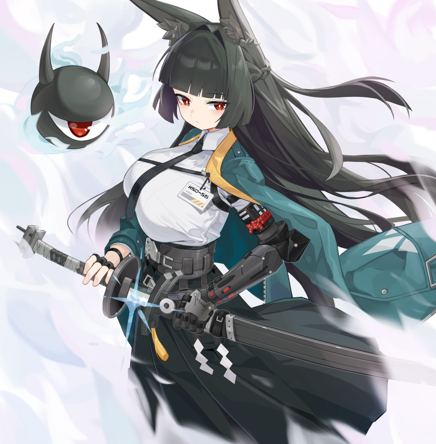 absurdres animal_ear_fluff animal_ears black_hair black_necktie black_skirt blunt_bangs braid breasts bright_pupils female fox_ears freeeeeeeeeee hair_intakes highres holding holding_sword holding_weapon hoshimi_miyabi id_card katana large_breasts long_hair looking_at_viewer necktie red_eyes scabbard sheath skirt solo standing sword unsheathing very_long_hair weapon white_pupils zenless_zone_zero